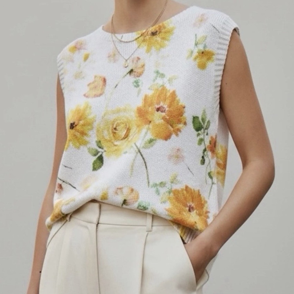 Luisa Ricci Italy Knit Top Floral Womens S Watercolor White Yellow Garden Party